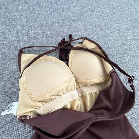 Newport News One Piece Swimsuit Chocolate Brown Lace V-Neckline Size 4 Nylon & L - Picture 9 of 12